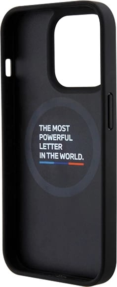 Mbështjellës BMW Leather Carbon MagSafe për iPhone 15 Pro, i zi