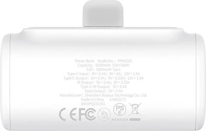 Powerbank Baseus Compact IP 5000mAh 20W, Bardhë