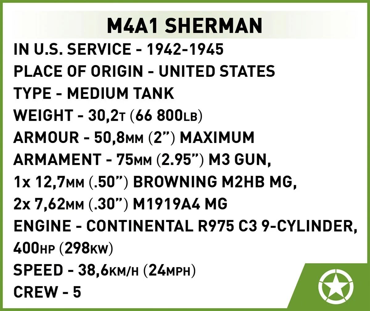 Set blloqesh Cobi M4A1 Sherman, 663 pjesë, me 2 figurina, Jeshile