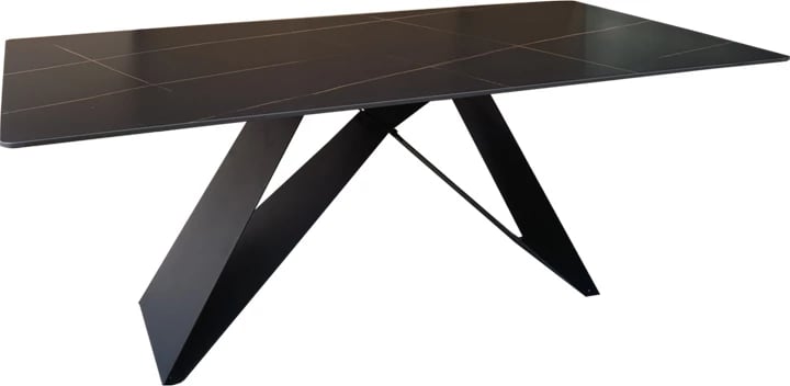 Tavolinë Mapele, sipërfaqe mermeri e zi, këmbë metalike të zeza, 180x90x75cm