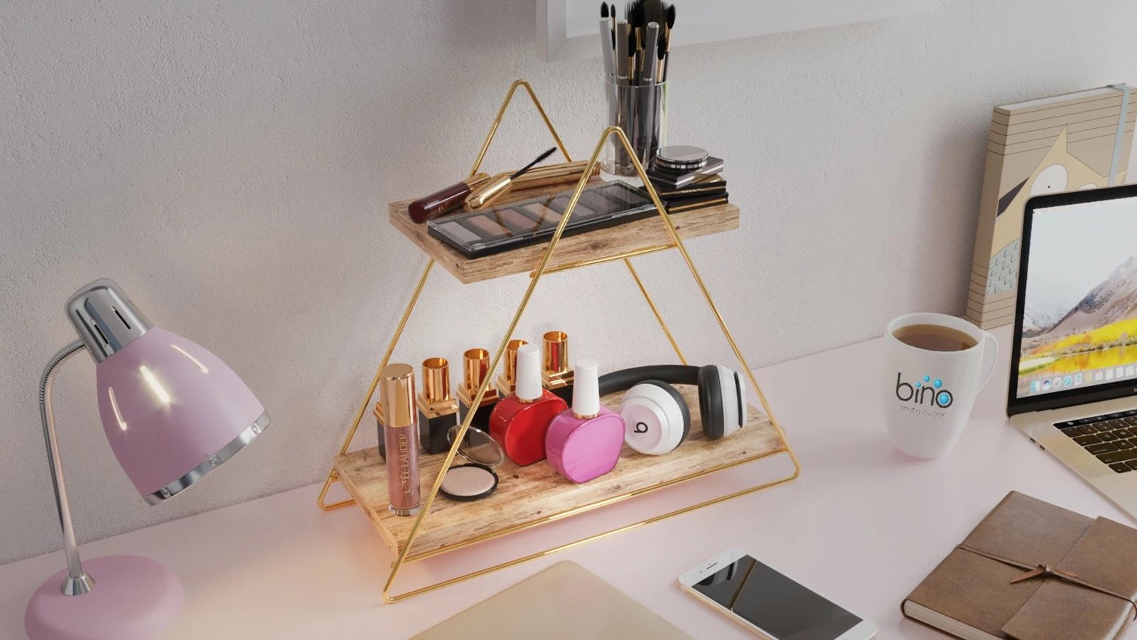 Raft muri prej druri të fortë, ngjyrë ari dhe kafe, Hanah Home, raf organizues shumë qëllimësh, 38x16x42cm