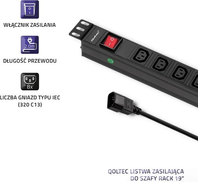 Rrymëndarës Qoltec 53998 për RACK 19", 1U, 10A, 8xIEC C13, 2m, Zi