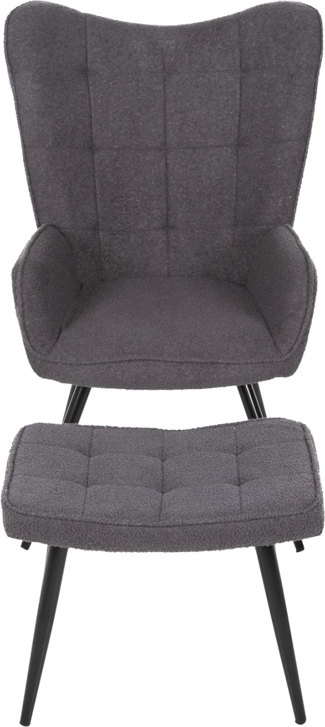 Fotelje CRAWLEY me tabure FH8918.21, pëlhurë boucle gri, këmbë metali të zeza, 70x74x105Hcm