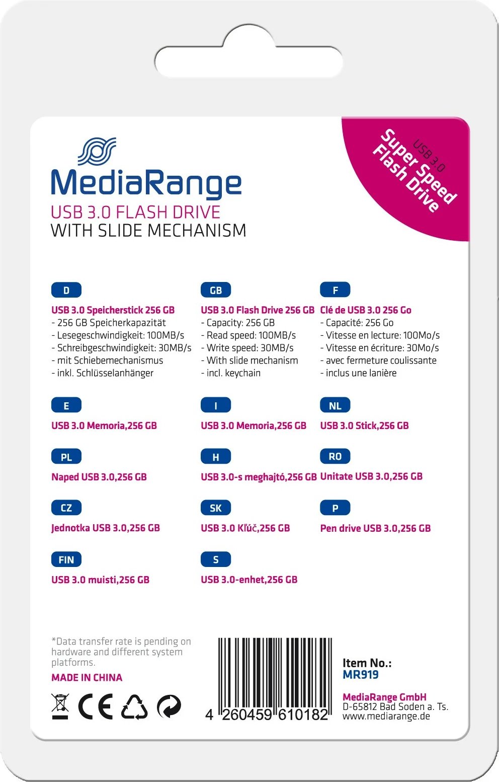 USB stick MediaRange MR919, 256GB, USB 3.2, slide, zi/argjendtë