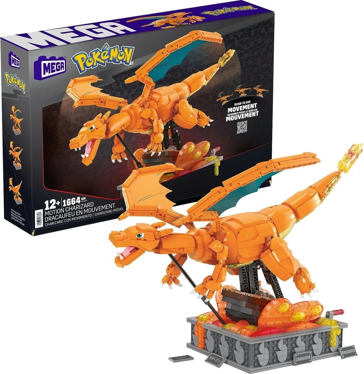 Set ndërtimi Mega Bloks Pokémon Mechanical Charizard HMW05, ekstra i madh, 1664 pjesë, portokalli
