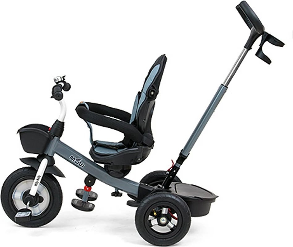 Tricikel për fëmijë Milly Mally Movi sedile 360°, rrota të fryra, dorezë prindi e rregullueshme, tendë palosëse, gri