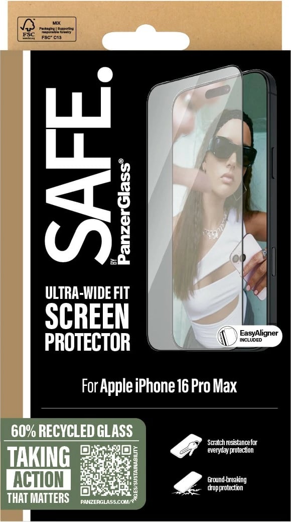 Mbrojtës ekrani PanzerGlass SAFE. për iPhone 16 Pro Max, kornizë e zezë, transparent