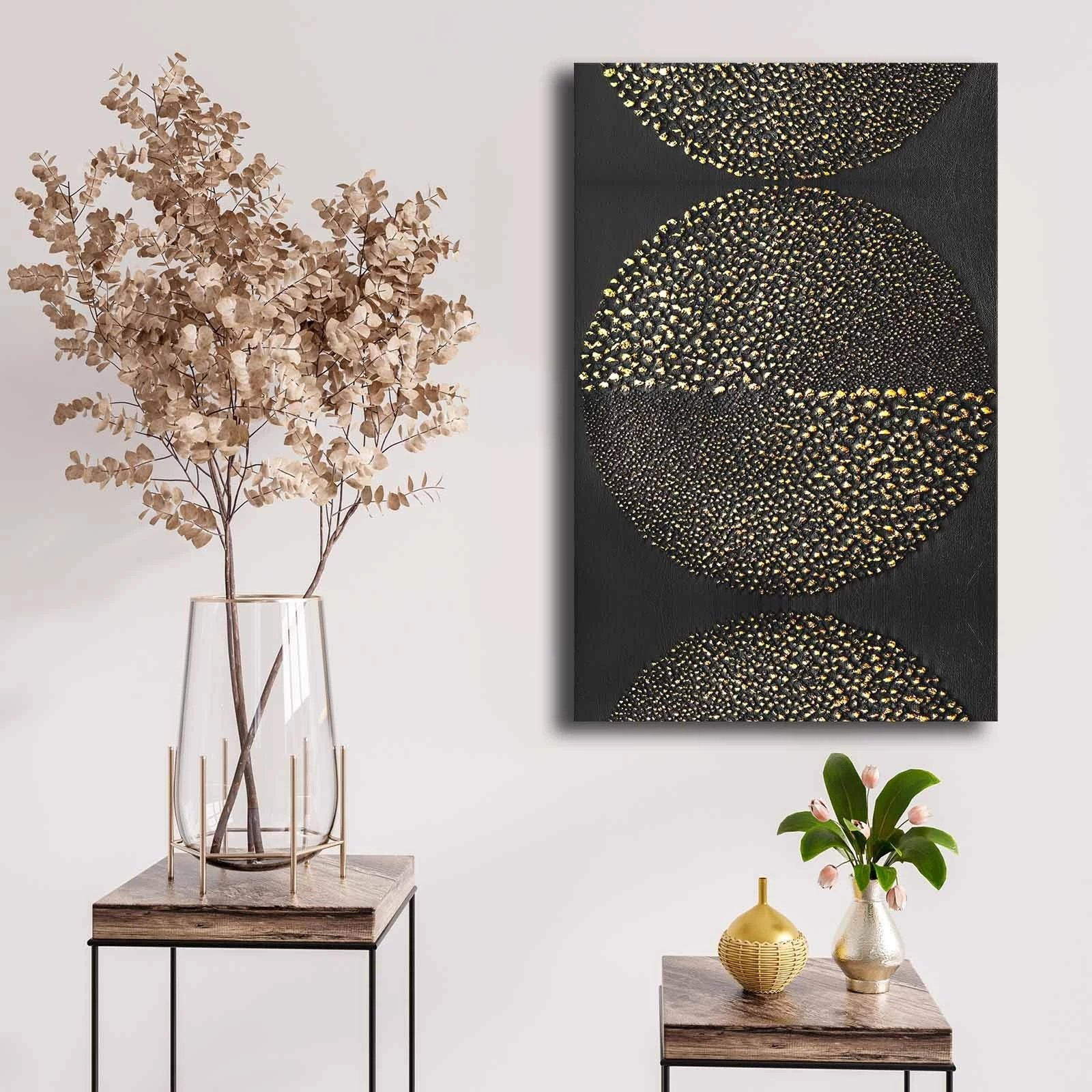 Pikturë dekorative në kanavacë, ngjyra ari, e bardhë dhe e zezë, 45x70cm, Wallity 4570NISC-019