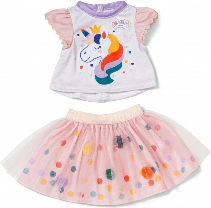 Rroba kukulle fustan tutu, Baby Born 871720-116725, për kukull deri 43 cm, motiv njëbrirësh, shumëngjyrëshe