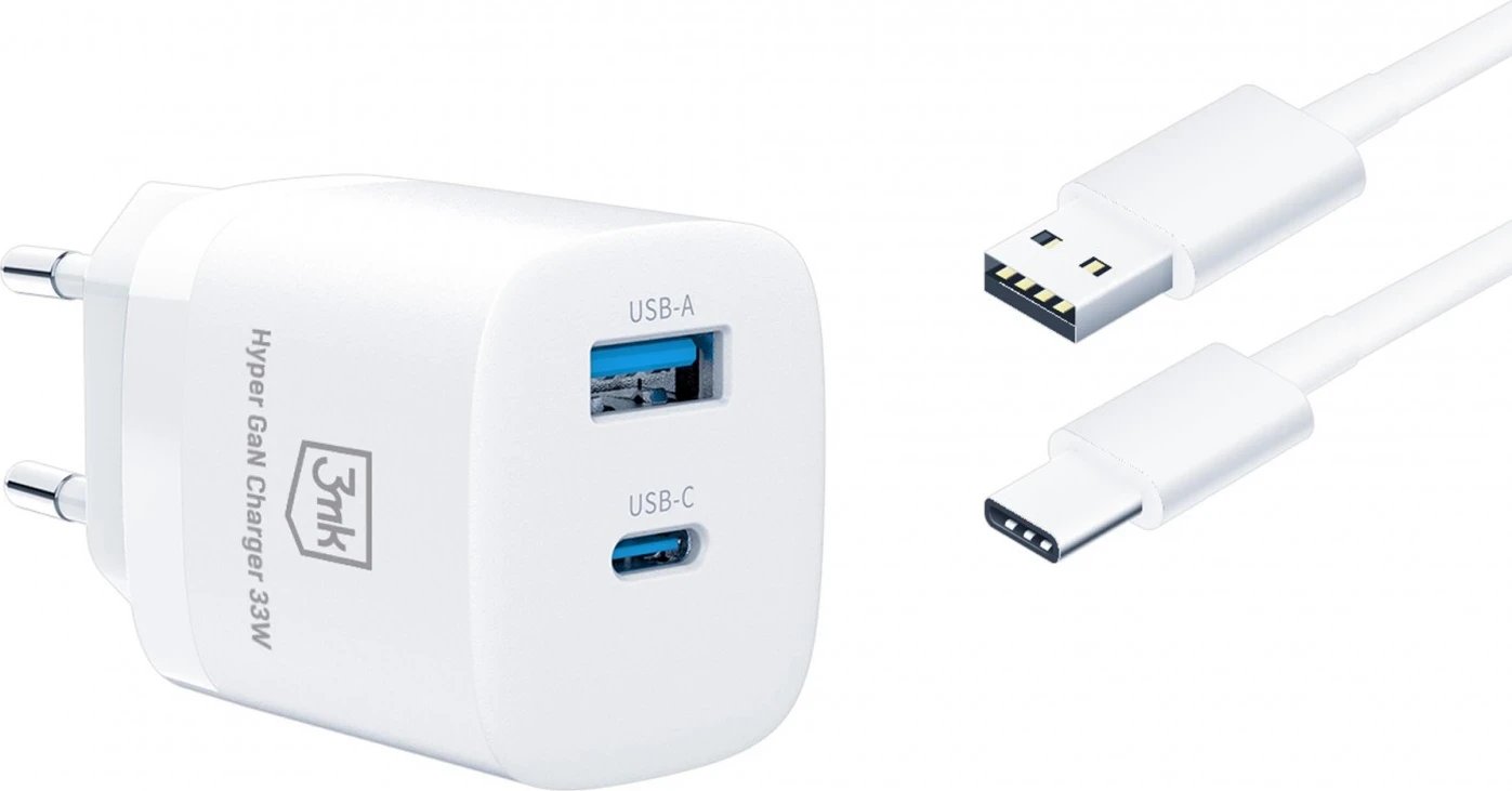 Karikues USB-A/USB-C, 3MK Hyper GaN, 33W, i bardhë 