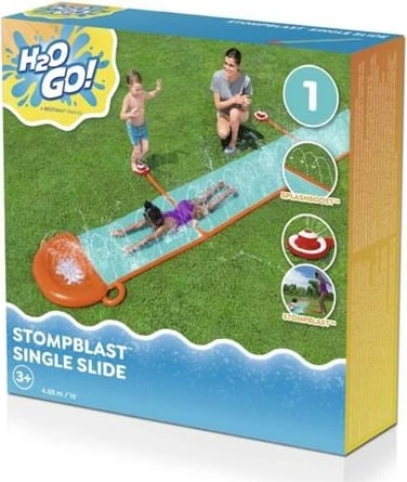 Rrëshqitëse uji fëmijësh me spërkatës, Bestway H2OGO! StompBlast 4.88 m, një korsi, lidhet me zorrë kopshti, blu, me arnpallë riparimi