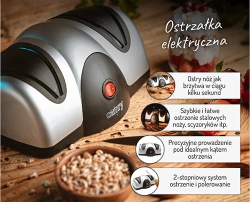 Mprehës elektrik thikash, Adler Camry, CR 4469, 2 faza, 40-60W, kënd udhëzues, këmbë antirrëshqitëse, argjendtë/zi