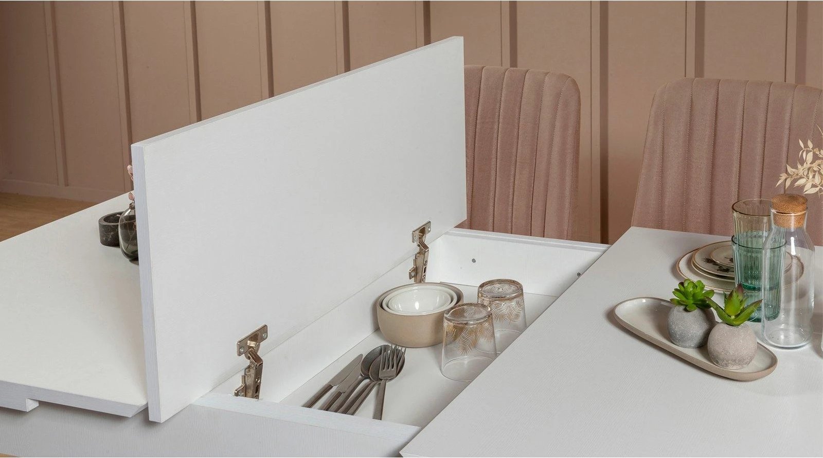 Set tavoline me karrige të zgjatshme për ngrënie (4 copë), Skye Decor, Vina 0900 - 3, e bardhë, stone