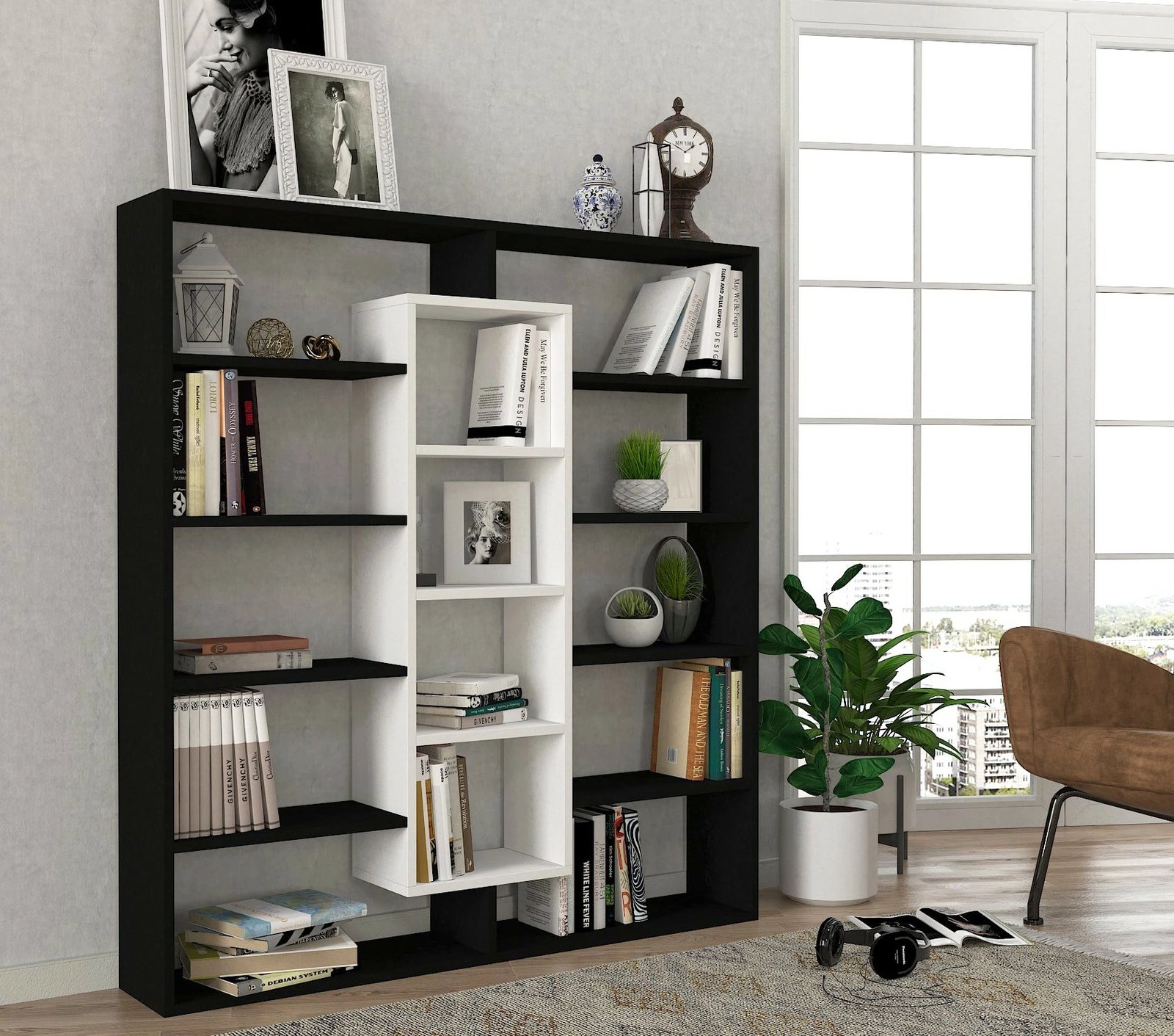 Raft librash Hanah Home, Ample, i zi dhe i bardhë