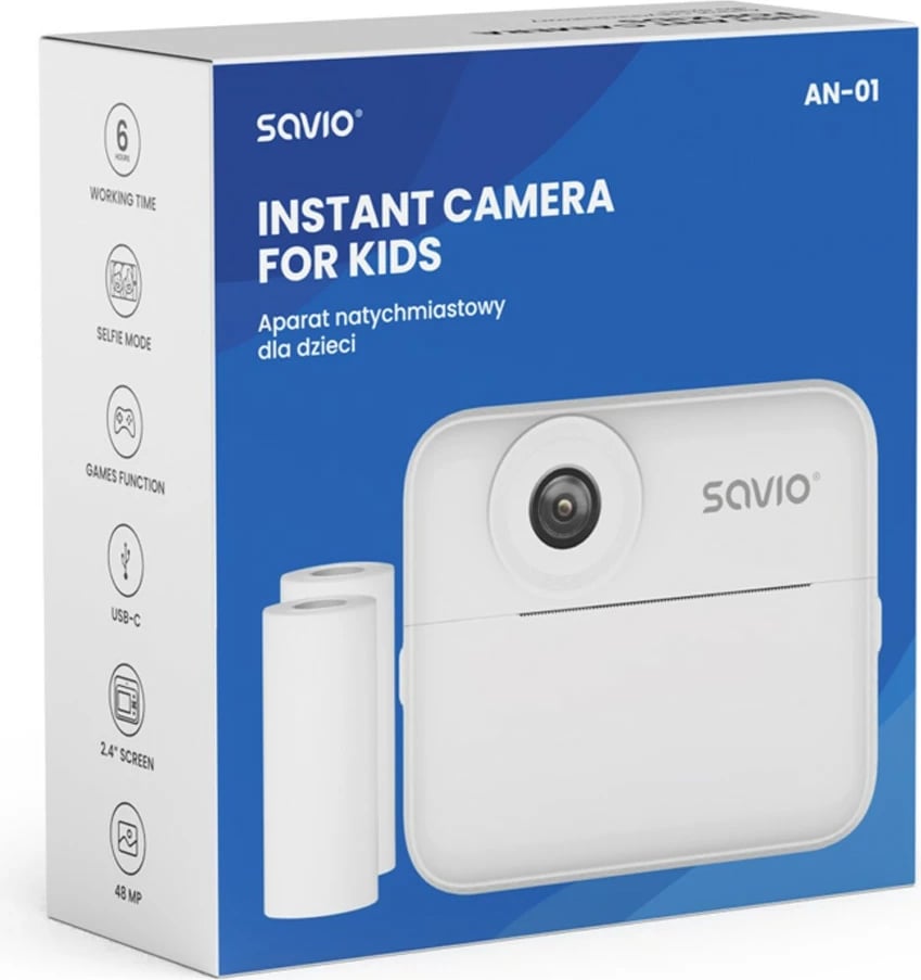 Kamerë instant Savio AN-01 48MP, ekran 2.4", video AVI, printim termik pa bojë, e bardhë, set me 2 rrolla