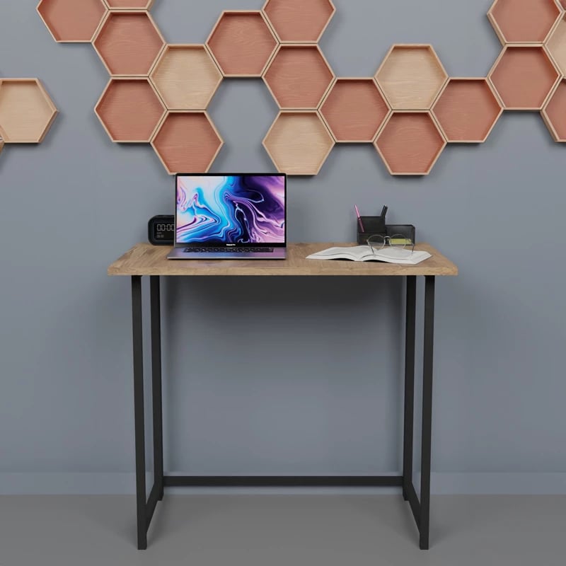 Tavolinë zyre e palosshme Thox, ngjyrë lisi-melaminë e zezë, 80x50x72cm