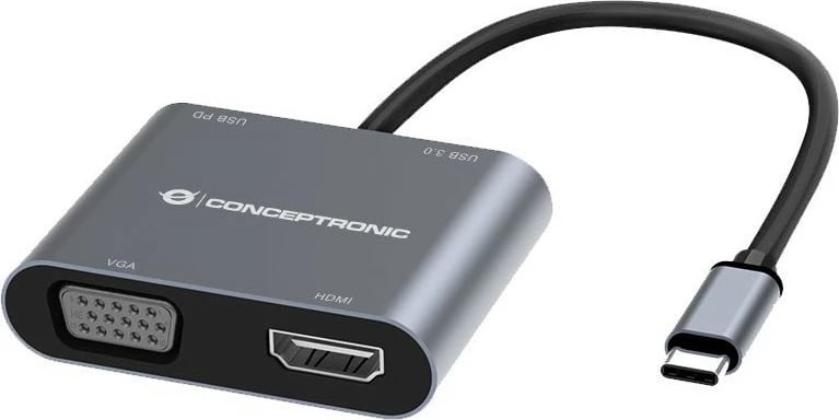 Dock Conceptronic 4-1 USB-C në HDMI, VGA, USB 3.0, 100W PD, 15cm, gri
