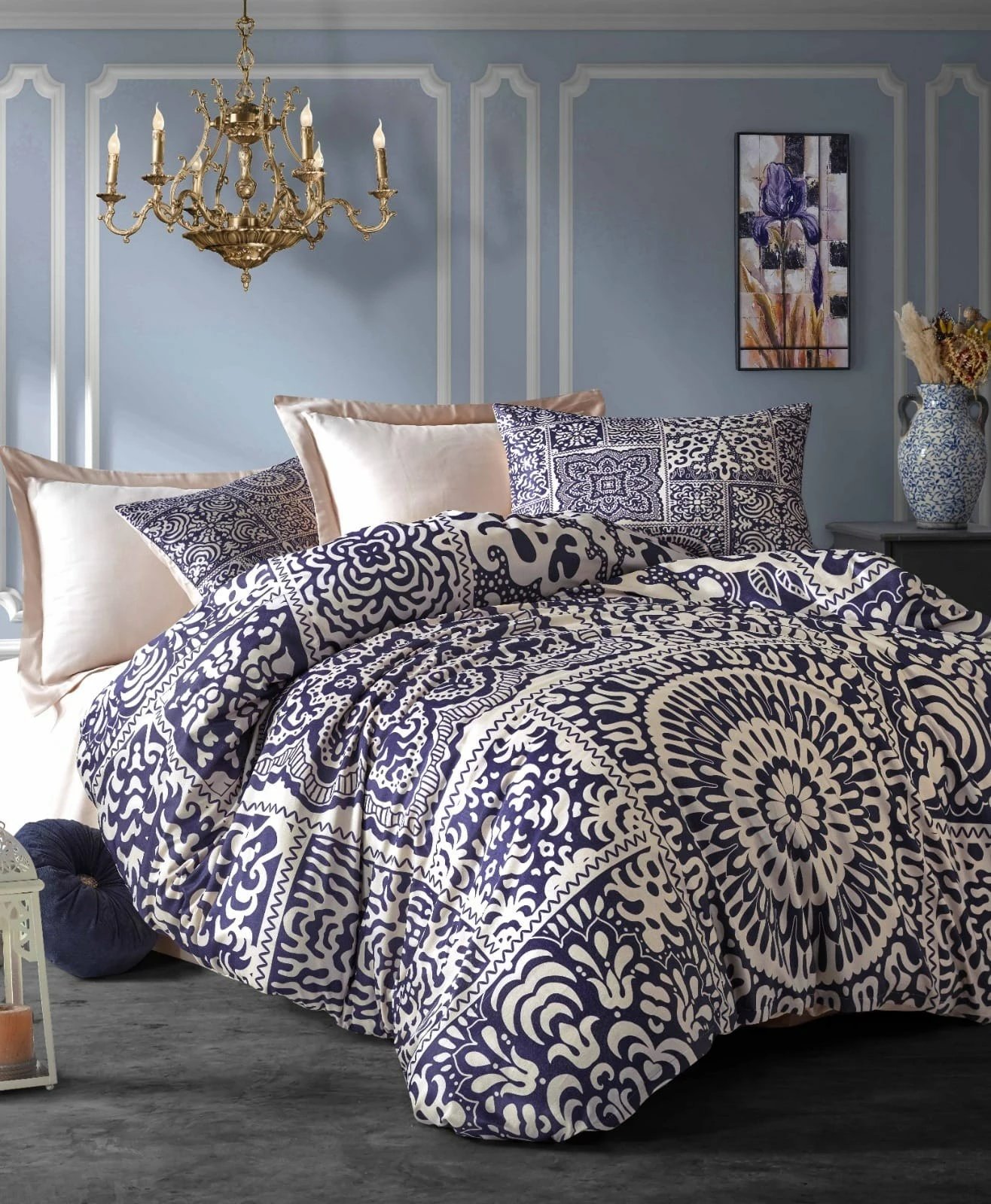 Set mbulesë për jorgan king size, L'essentiel, ngjyrë kaltër e errët dhe krem, 484