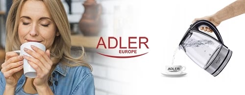 Çajnik elektrik, Adler AD 1225, 1.7 L, qelq, 1850–2200W, bazë 360°, ndriçim LED, filtër sedimenti, e zezë