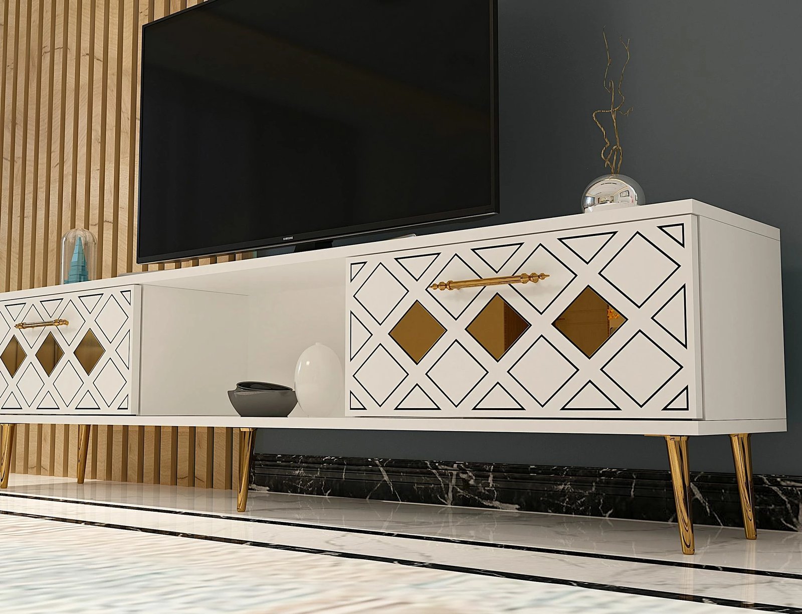 Komodë TV Skye Decor, e bardhë, e artë