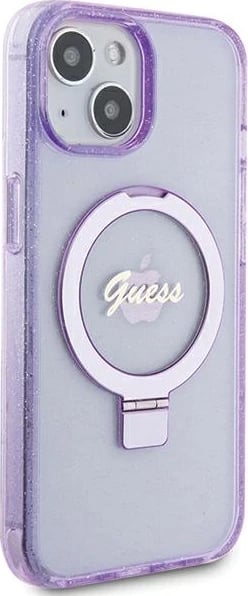 Mbështjellës Guess Ring Stand Script Glitter MagSafe për iPhone 15 Plus / 14 Plus, vjollcë