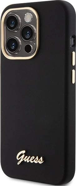 Mbështjellës Guess Silicone Script Metal Logo & Frame për iPhone 15 Pro Max, i zi