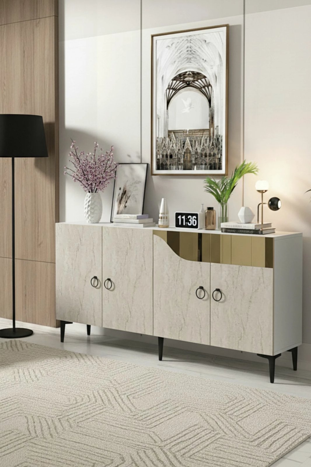 Konsol Skye Decor, Gama 150, e bardhë, travertin, ari