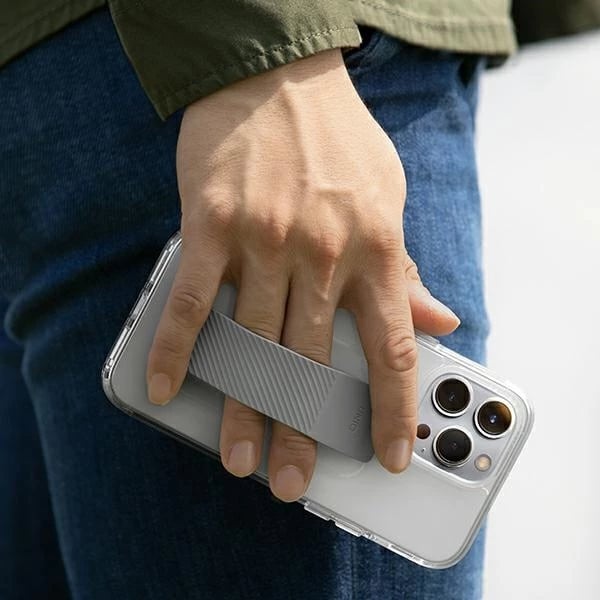 Mbështjellës UNIQ Heldro Mount për iPhone 14, transparent, me rrip kapjeje dhe mbajtëse gishti