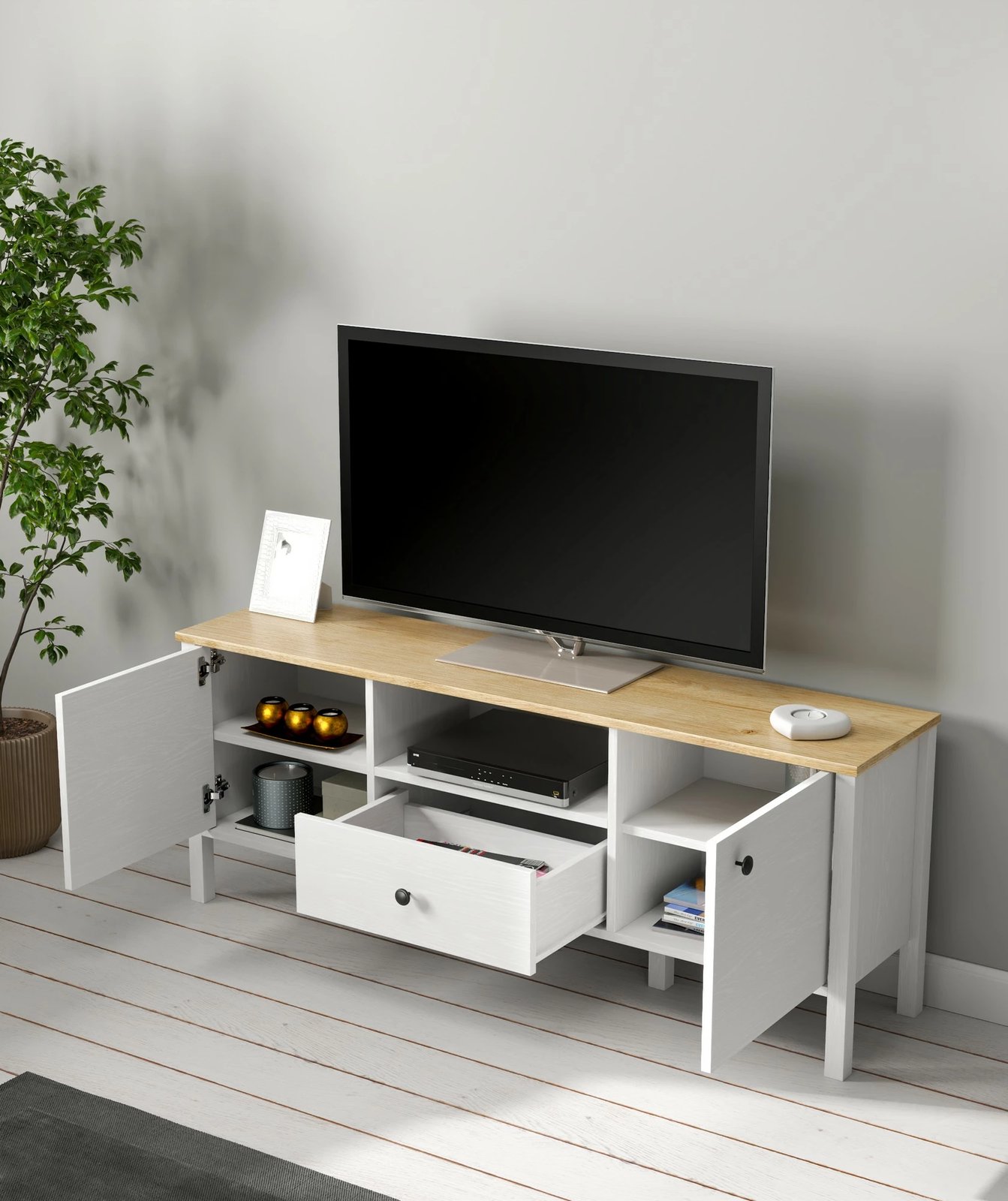 Komodë për TV, ngjyrë druri dhe e bardhë, FRN-20057