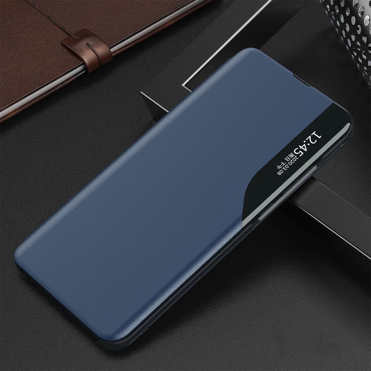 Mbështjellës Hurtel Eco Leather View Case për iPhone 16e, me kapak dhe qëndrim, kaltër