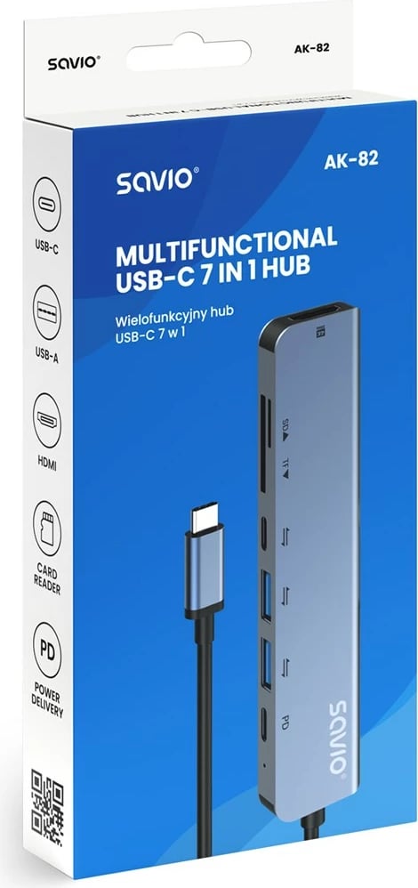 Hub USB-C Savio AK-82, 7 porte, 4K Ultra HD, i zi