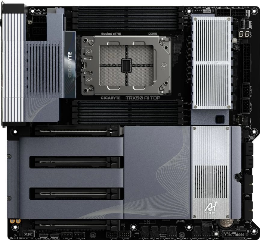 Pllakë amë, Gigabyte TRX50 AI TOP 1.1, sTR5, AMD TRX50, 8 DDR5 ECC R-DIMM deri 2 TB, 4x PCIe 5.0 x16, 4x M.2, 2x USB4, 2x 10GbE, Wi‑Fi 7, DisplayPort