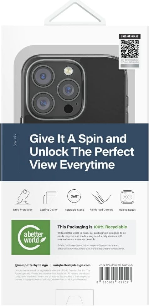 Mbështjellës UNIQ Swivix 360 me mbajtëse rrotulluese për iPhone 16 Pro, Zi