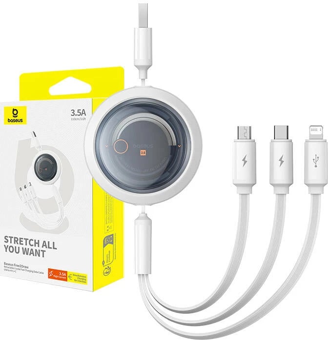 Kabllo karikimi 3-në-1 Baseus Free2Draw, USB në micro USB + USB-C + Lightning, 1.1m, e bardhë