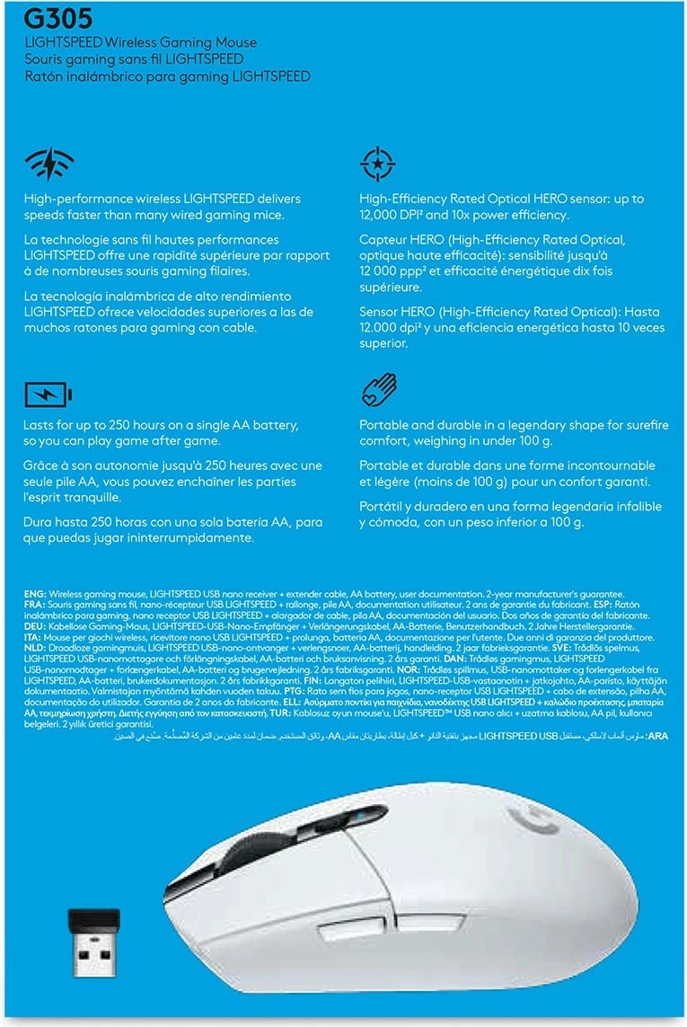Maus Logitech G G305 LIGHTSPEED, Wireless, 12000 DPI, e bardhë