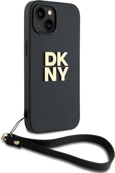 Mbështjellës DKNY Wrist Strap Stock Logo për iPhone 15 Plus, i zi