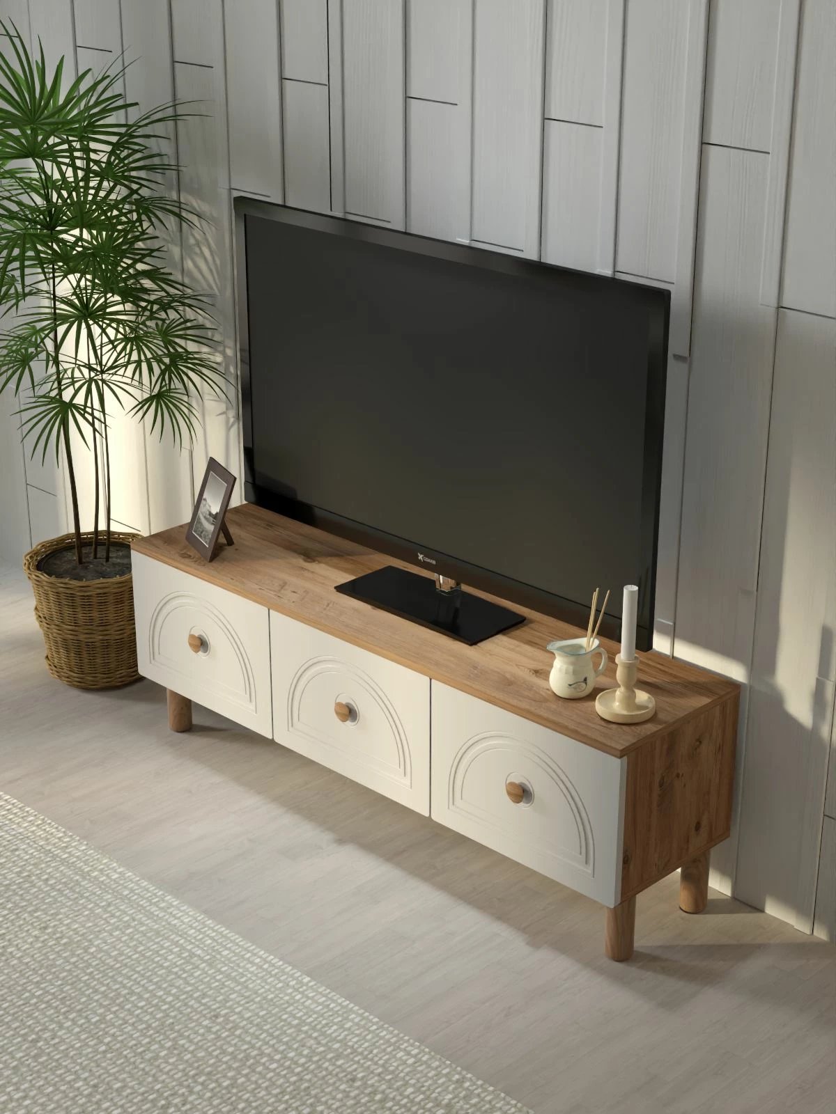 Komodë TV Skye Decor, Mavora 135, ngjyrë pishë Atlantike dhe e bardhë