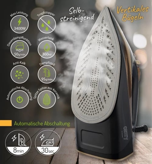 hekur me avull, Camry CR 5036, 3400W, shollë qeramike, depozitë 360ml, zi-ari