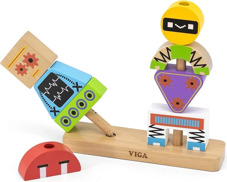 Blloqe druri stivuese, Viga Robots, puzzle edukativ me kartela modele, mbi 36m, shumëngjyrësh