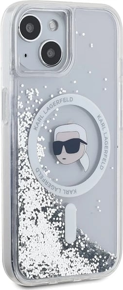 Mbështjellës Karl Lagerfeld Liquid Glitter Karl Head MagSafe për iPhone 15/14/13, Transparent