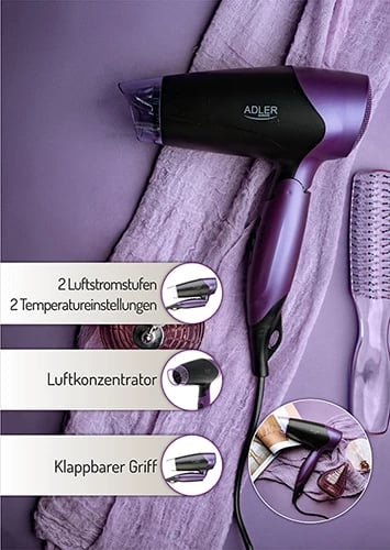 Tharëse flokësh, Adler AD 2260, 1600W, 2 temperatura 2 shpejtësi, dorezë palosëse, cool-shot, me koncentrator, e zezë e vjollcë