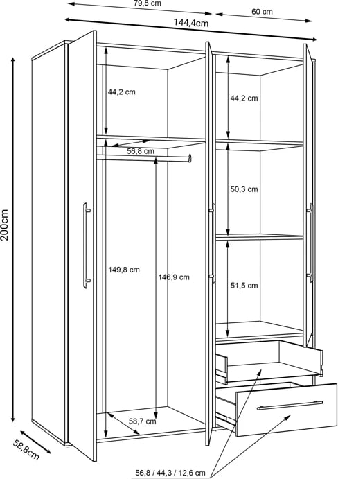 Dollap Razol tre dyer, ngjyrë e bardhë-sonoma, 144.5x59x200cm