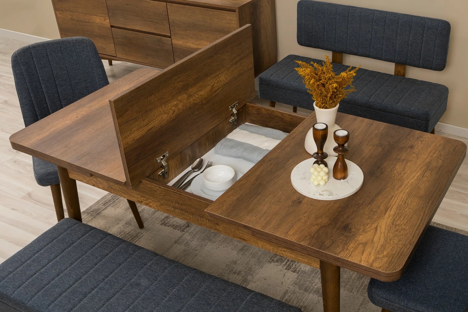 Set tavoline zgjeruese me karrige e konsol (6 pjesë), Skye Decor, Vina Bench 04 1048, ngjyrë arre, blu e errët