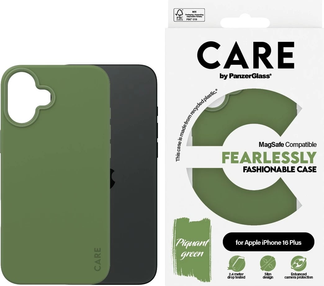 Mbështjellës PanzerGlass CARE Case MagSAFE për iPhone 16 Plus, e gjelbër