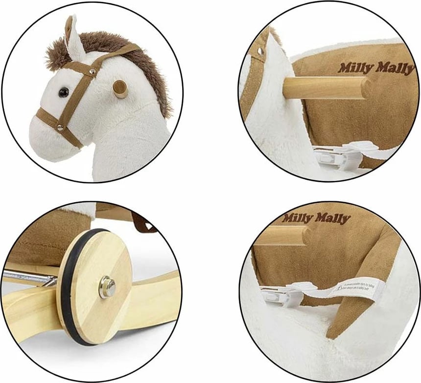 Kalë luhatës 2-në-1, Milly Mally, Polly, me rrota dhe tinguj, 12–36 muaj, i bardhë