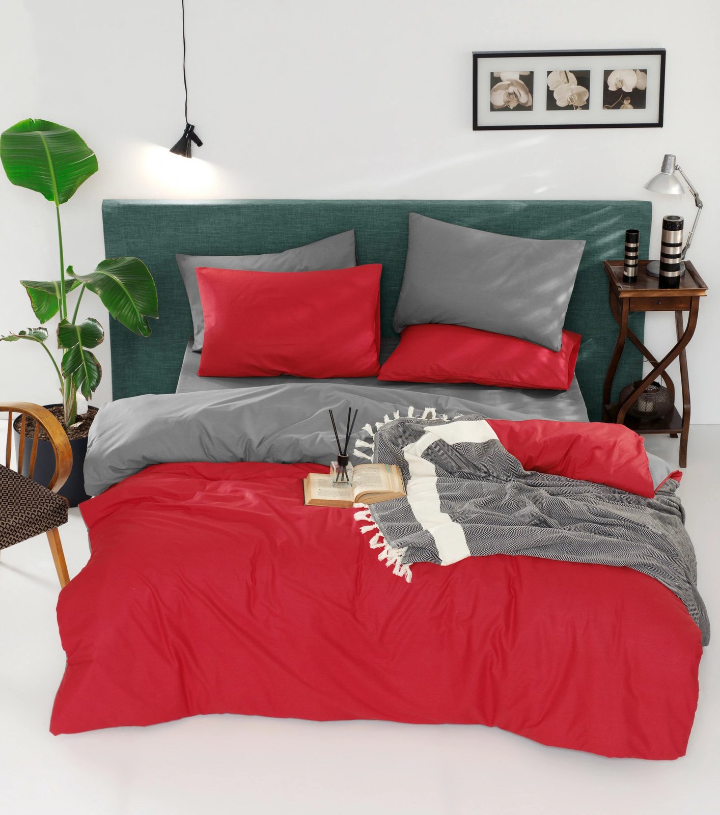 Set mbulesë për jorgan Super King, dyanshëm, ngjyrë e kuqe dhe gri, L'essentiel