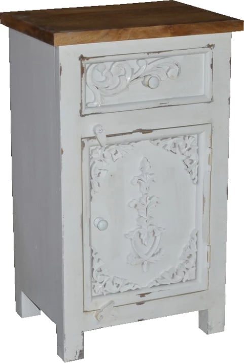 Komodinë SYROS me 1 derë, 1 sirtar, e bardhë/natyrale, 42x32x70