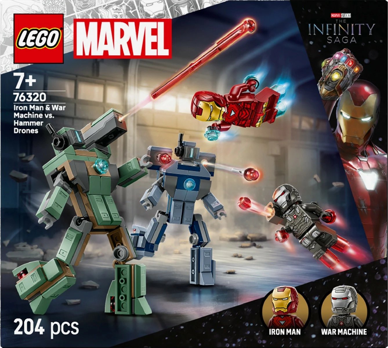 Set LEGO Marvel Super Heroes 76320, Iron Man dhe War Machine kundër Hammer Drones, 204 pjesë