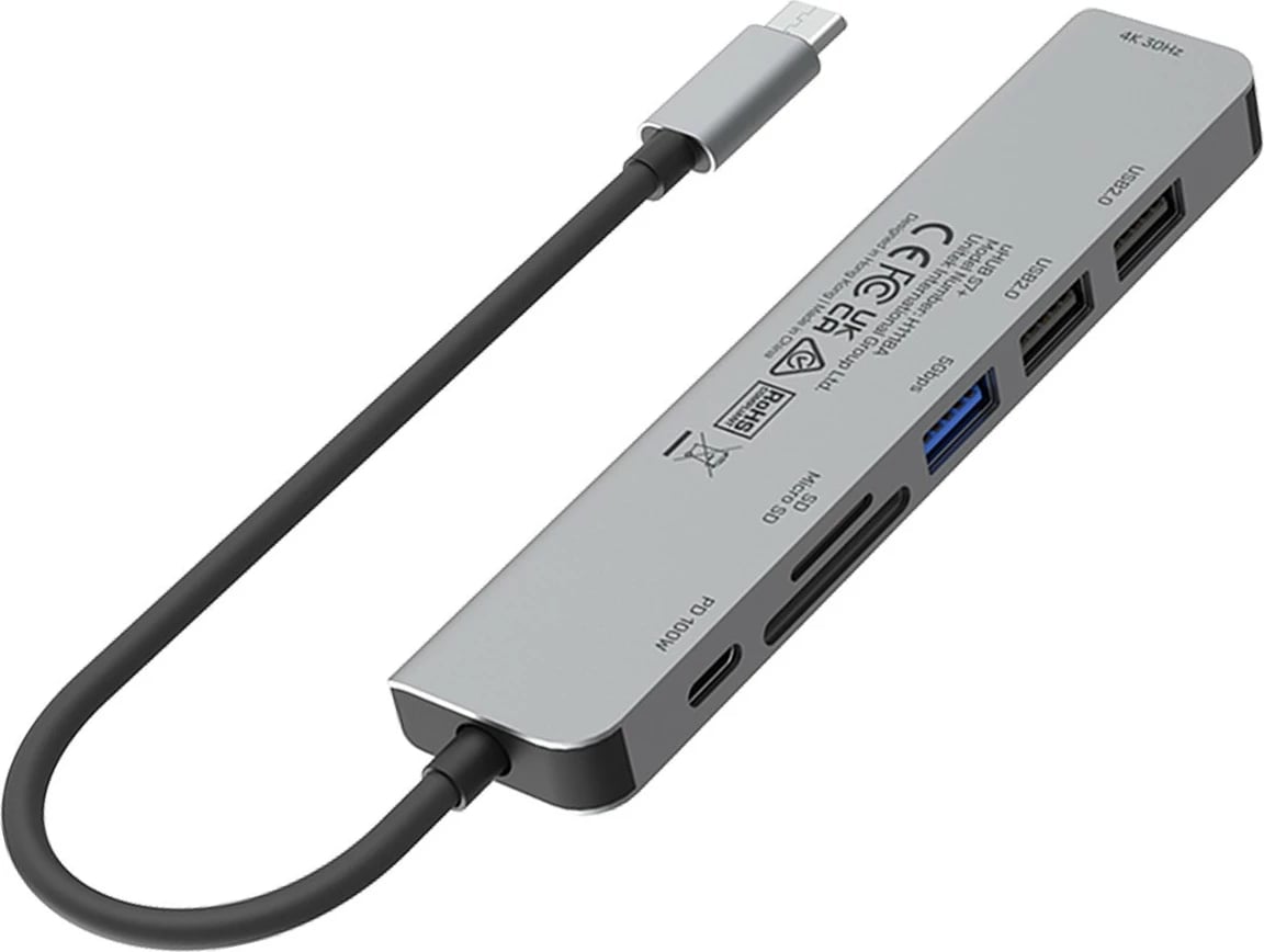 HUB USB-C Unitek H1118A 7-në-1, alumini, 100W PD, HDMI 4K, i zi/gri/argjendtë