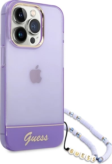 Mbështjellës Guess GUHCP14XHGCOHU për iPhone 14 Pro Max 6.7", Translucent Pearl Strap, vjollcë